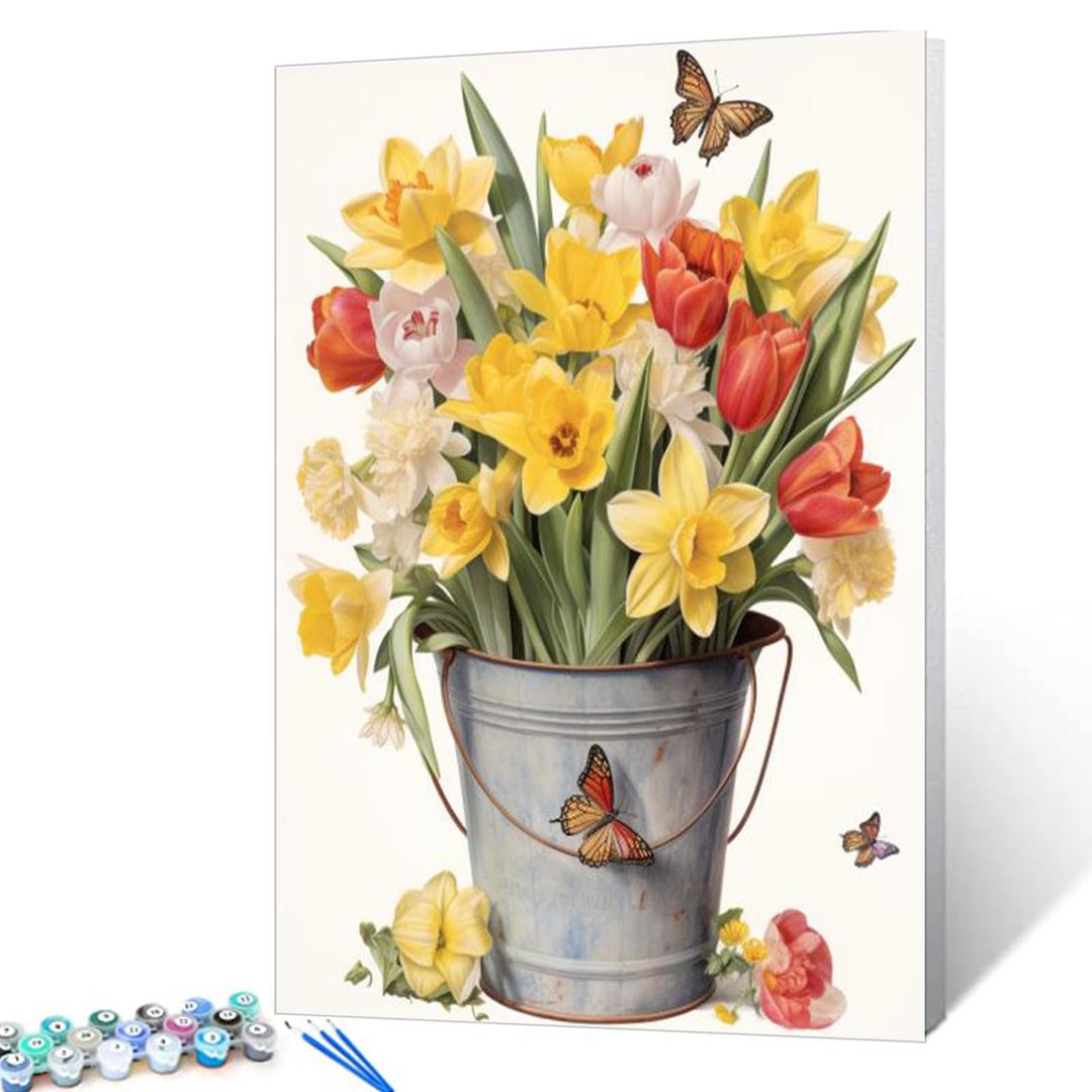 Flower Basket Watercolor Painting Paint by Numbers Kits 16x20 inch Canvas Spring Colorful Flowers DIY Oil Painting for Kids, Adults Beginner with Brushes Acrylic Pigment Drawings Gift(without Frame)