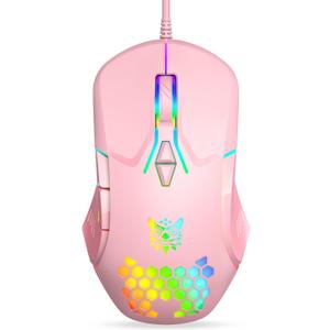 Wired USB Mouse, Computer Mouse with RGB Lighting, 4 Adjustable DPI, Ergonomic Optical Office Mouse, 7 Buttons Corded Mice for Window/PC/Laptop/Desktop/Mac/Chromebook, Pink