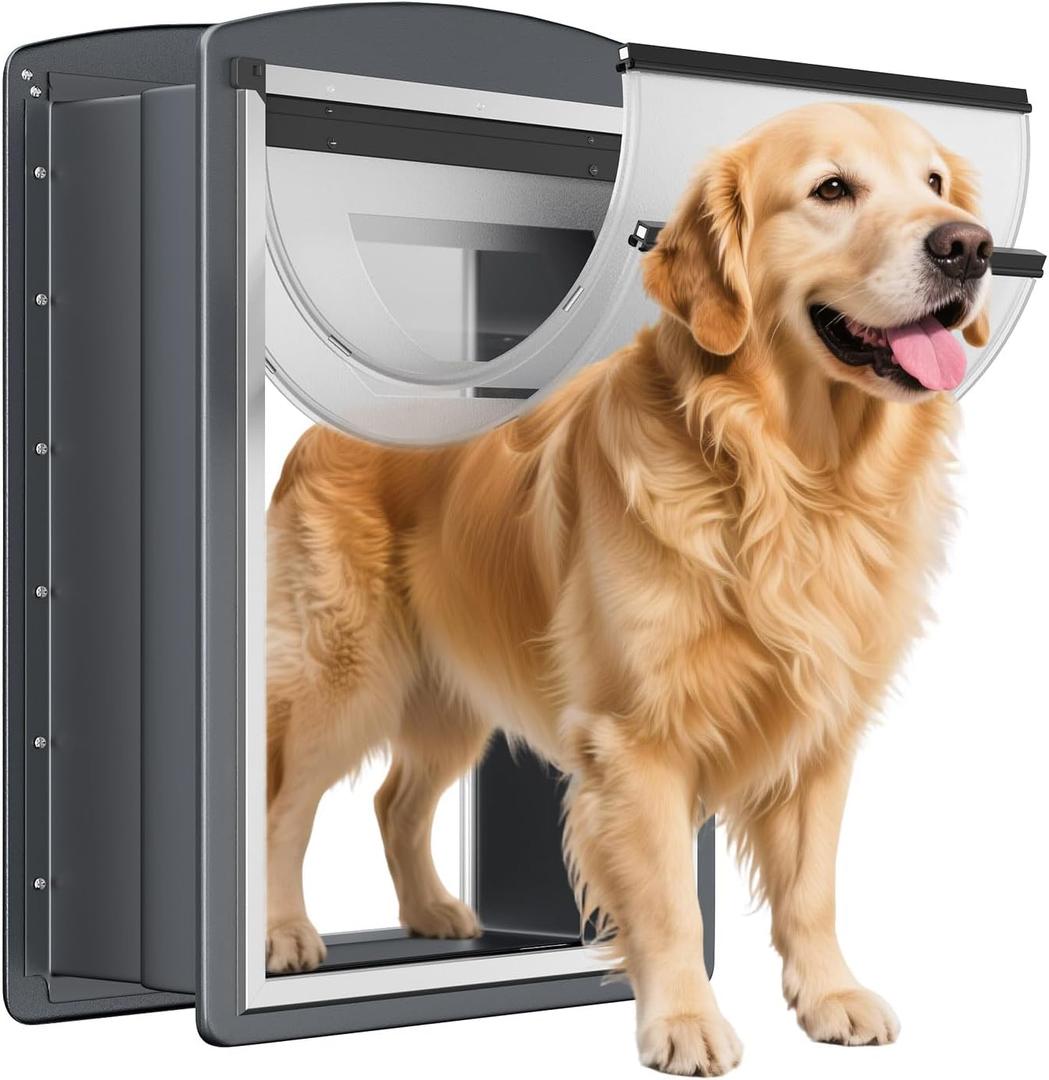 FreeStanding Dog Door for Wall, Steel Frame Large Dog Door with Telescoping Tunnel, Double Magnetic Flaps and Two Sliding Lock Panels, Easy to Install, Up to 100LBS, Gray, L