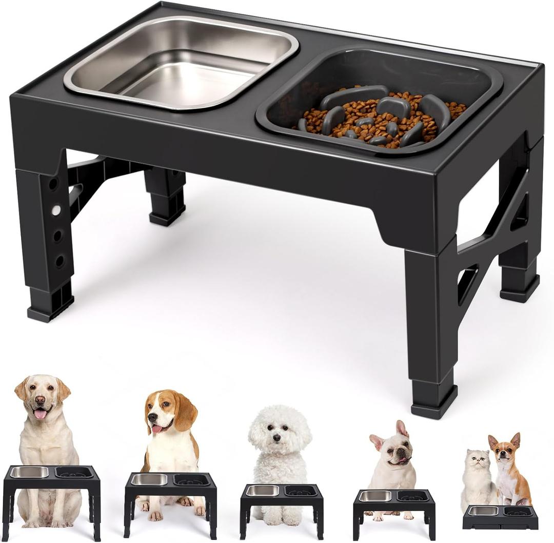 Niubya Elevated Dog Bowls, with Slow Feeder Bowl and Stainless Steel Dog Food Bowl, Raised Dog Bowls Adjusts to 5 Heights (3.15", 8.66", 9.84",11.02", 12.2") for Small Medium and Large Dogs (Black)