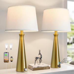 Seealle Modern Table Lamps Set of 2 - Touch Bedside Lamps for Nightstand with Dual USB C+A,3-Way Dimmable Gold Nightstand Lamps for Living Room Bedroom (Bulb Included)