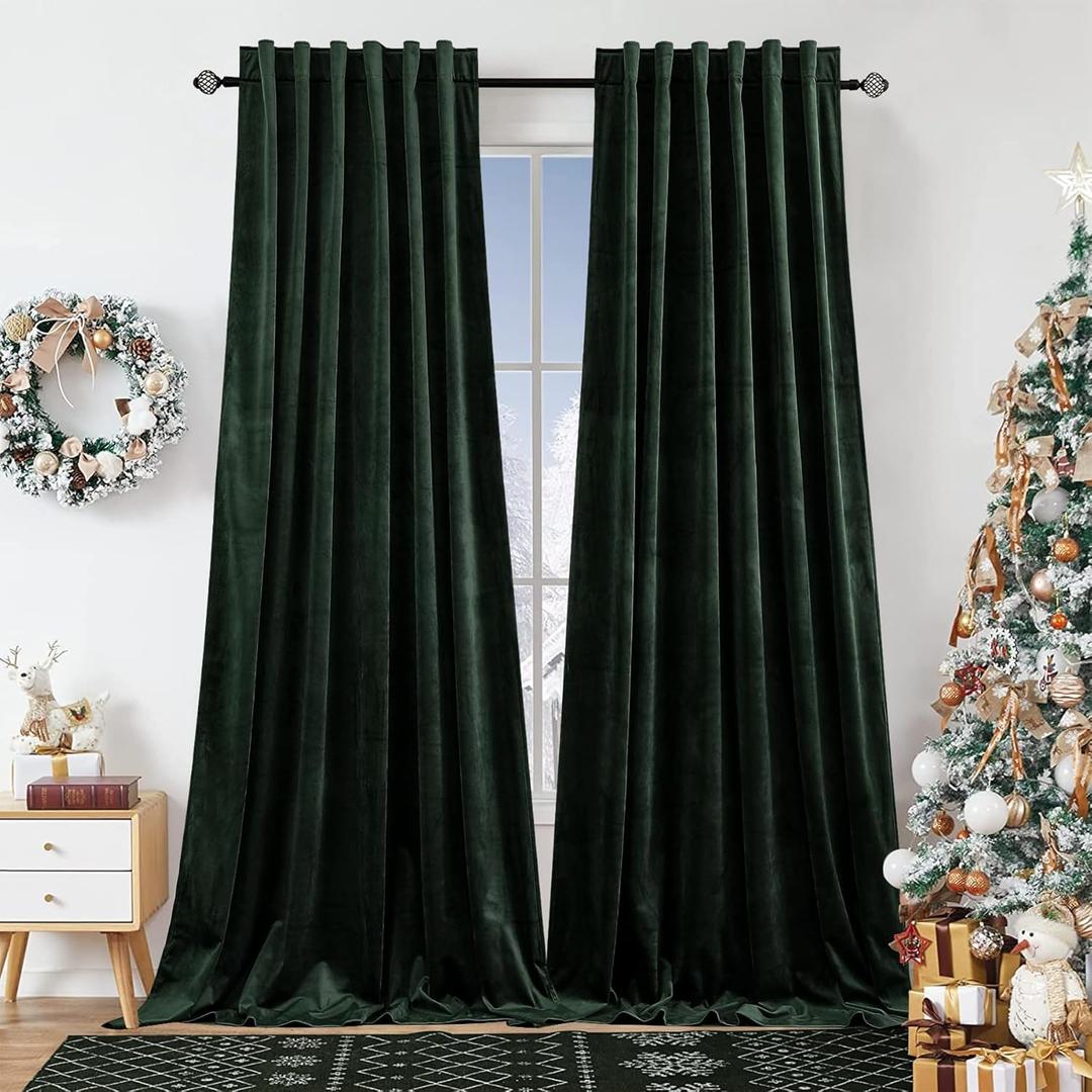 Dchola Dark Green Velvet Curtains for Bedroom Window with Back Tab, Super Soft Vintage Luxury Heavy Drapes, Room Darkening Thermal Insulated Curtain for Living Room, W52 by L96 inches, 2 Panels