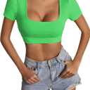 LYANER Women's Summer Crop Tops Square Neck Short Sleeve Workout Shirt Going Out Sexy Top Basic Slim Fit Tees (Large)