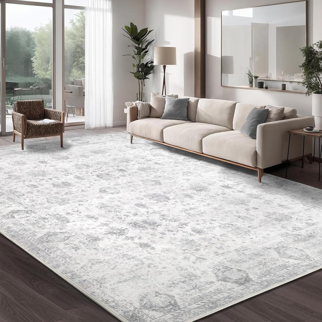 Washable 810 Area Rug for Living Room, Vintage Floral Rug Soft Non Slip Stain Resistant Boho Carpet for Bedroom Dinning Room Kitchen Home Office Grey