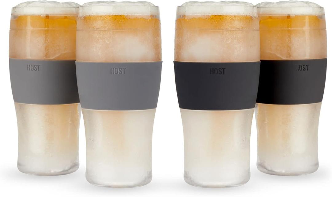 HOST Freeze Beer Glasses, 16 ounce Freezer Gel Chiller Double Wall Plastic Frozen Pint Glass, Set of 4, Black and Grey