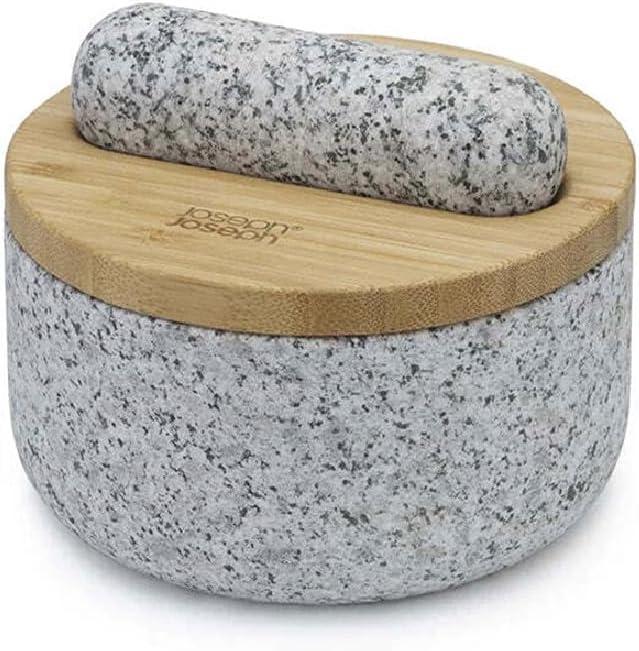 Joseph Joseph Dash Pestle & Mortar Granite Set with Bamboo Lid, Heavy Duty - Grey