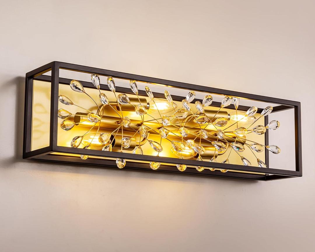 TOCHIC Black and Gold Crystal Bathroom Vanity Light, 26 Inch Wide Dimmable Wall Mount Lighting Fixture for Mirror, Cabinet, Powder Room and Bedroom