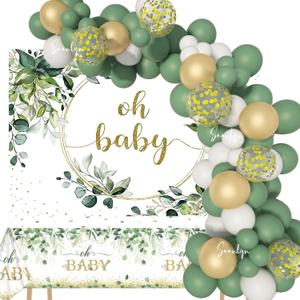 Soonlyn All-In-1 Sage Green Baby Shower Decorations 10ft 12In Balloon Arch Kit with Oh Baby Backdrop Tablecloth for Gender Neutral Baby Shower Decorations