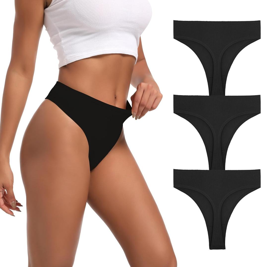 Women's High Waisted Ribbed Cotton Thongs Panties High Cut Breathable Underwear 3-Pack Size S to 4XL (Large)