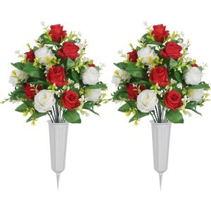 Cemetery Flowers with Vase 2 Sets Artificial Flowers for Cemetery, Silk Roses Funeral Flowers for Grave, UV Resistant Sympathy Flowers for Memorial Day Mother's Day (White+Red)