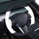 MEWANT Hand Stitched White Leather Tesla Model 3 Steering Wheel Cover for Tesla Model 3 2017-2023 / Model Y 2020-2023 for Tesla Model 3/Y Accessories