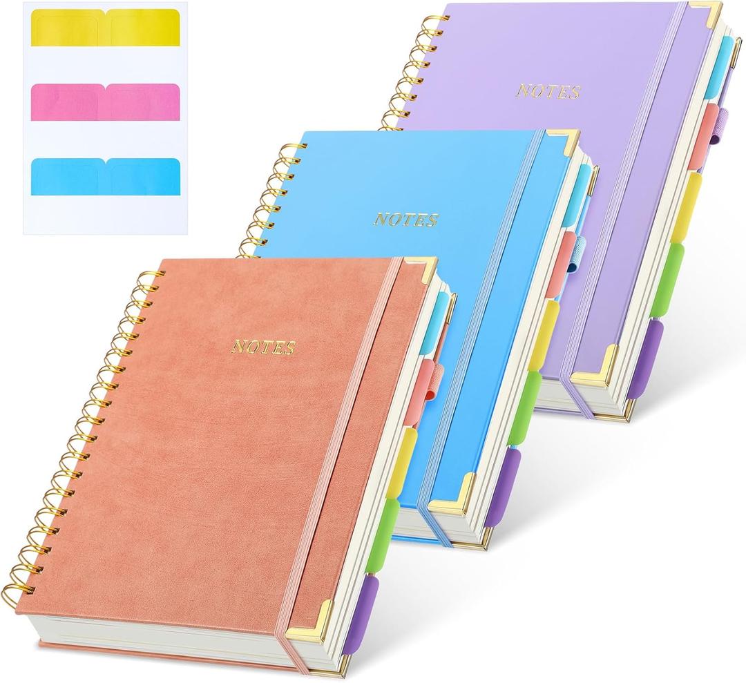 LemonSecret 3 Pcs Hardcover Spiral Notebook Journal with Removable Divider Tab B5 8"x10 Large 5 Subject Notebook College Ruled 300 Page Leather Notebooks for Office School Business(Purple, Blue, Pink)