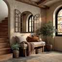 Arched Wall Mirror with Wood Window Frame, 36x24 Vintage Rustic Arch Farmhouse Mirror for Wall, Living Room, Bedroom, Entryway(Brown)