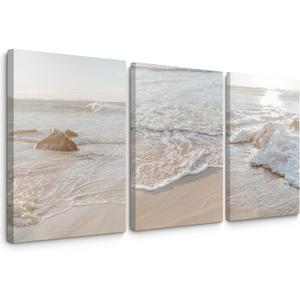 Beach Wall Art Decor Coastal Wall Art Pictures Ocean Canvas Wall Art Beige Beachy Wall Decor Boho Beach Prints Ocean Painting Coastal Artwork for Bedroom Living Room 16x24 Inch Framed Set of 3, 16"x24" Wrapped Canvas