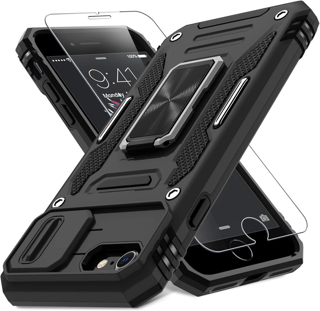 2 x DEERLAMN Case for iPhone SE 2022/2020,for iPhone 8/7 with Slide Camera Cover + Screen Protector,Rotated Ring Kickstand Military Grade Shockproof Protective Cover 4.7 Inch-Black