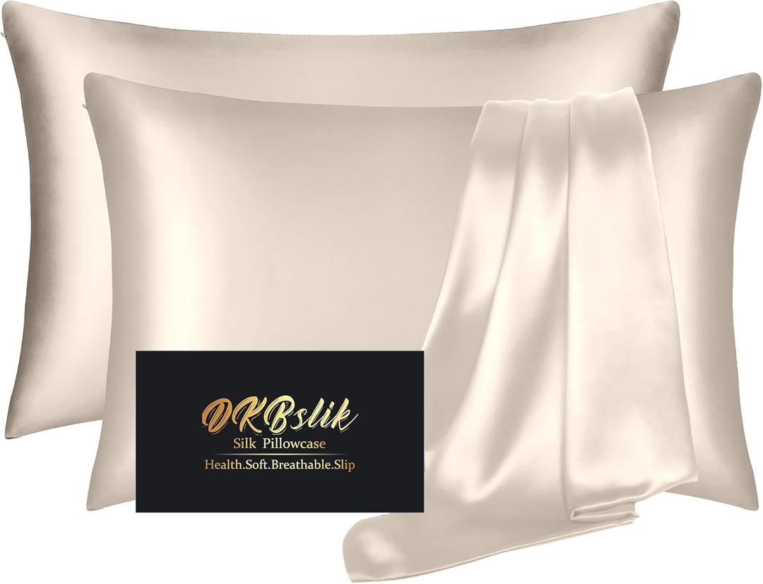 Silk Pillow Cases 2 Pack, Mulberry Silk Pillowcases Standard Set of 2, Health, Smooth, Anti Acne, Beauty Sleep, Both Sides Natural Silk Satin Pillow Cases for Women 2 Pack with Zipper for Gift, Beige