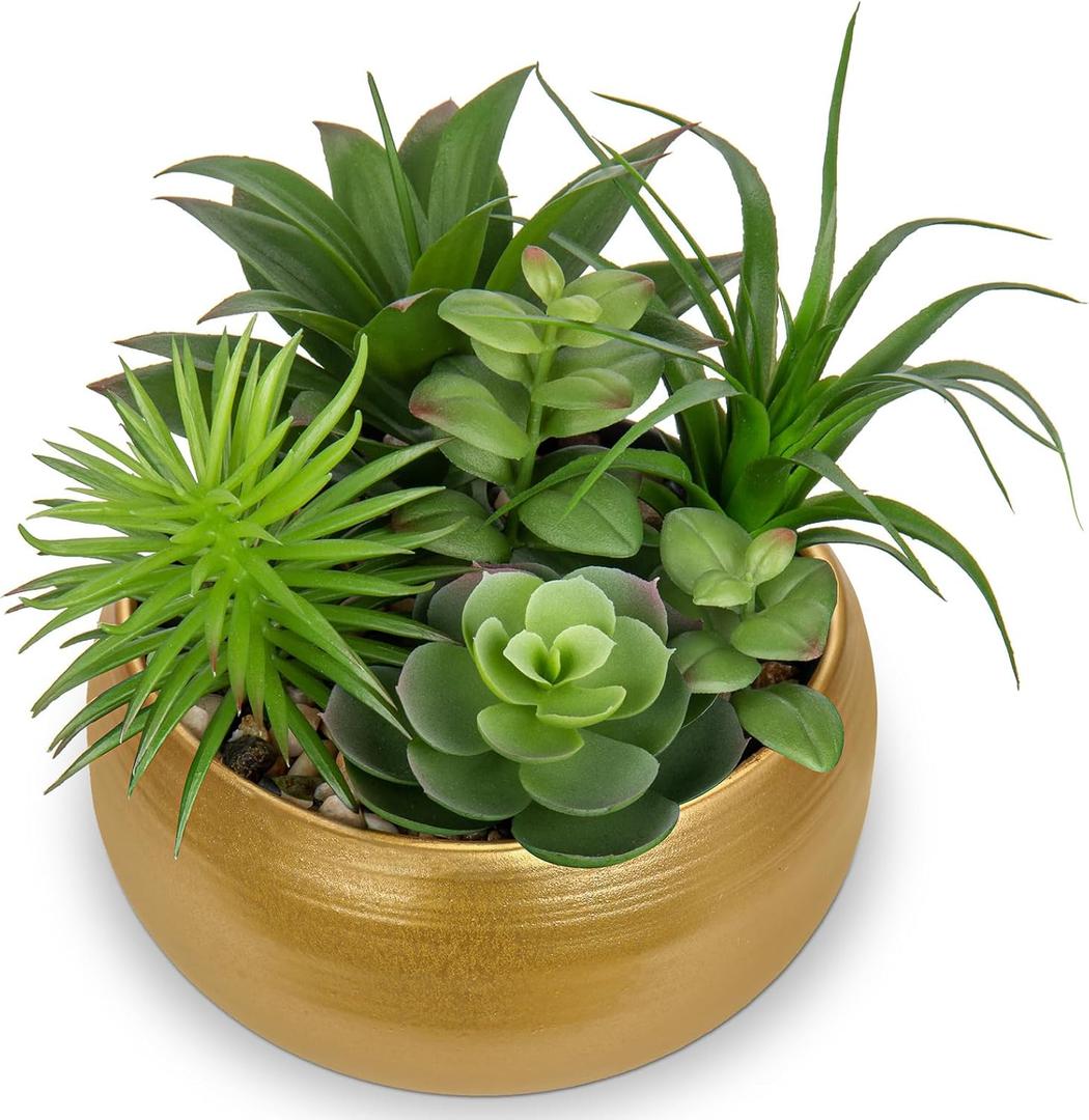 Hollyone Fake Plants Artificial Succulents in Pots Faux Succulent Arrangement Potted Plant in Gold Ceramic Planter Bowl for Home Decor Office Desk Bathroom Shelf Living Room Indoor Decorations