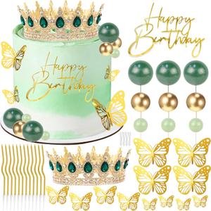 AMZVALU Crown Cake Topper, Green & Gold Crown Balls Happy Birthday Cake Toppers Candles Butterfly, Corona Para Pastel, Crown Cake Decoration for Women Queen Princess Party Wedding (Gold, Green)