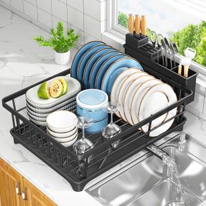 Kmiectse Dish Drying Rack - Space-Saving Small Dish Rack for Kitchen Counter, Rust-Resistant Kitchen Drying Rack, Compact Dish Drainer Organizer with Utensil Holder for Home Kitchen, Black