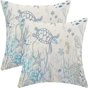 Nautical Coastal Pillow Covers 18x18 Set of 2 Turtle Coral Starfish Seashell Ocean Themed Decorative Cushion Cover Beach Throw Pillow Covers Linen for Home Sofa Couch Outdoor Decor