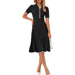 MEROKEETY Women's V Neck Ribbed Knit Midi Dress Short Sleeve Button Elegant Bodycon Sweater Dresses (X-Large, Black)