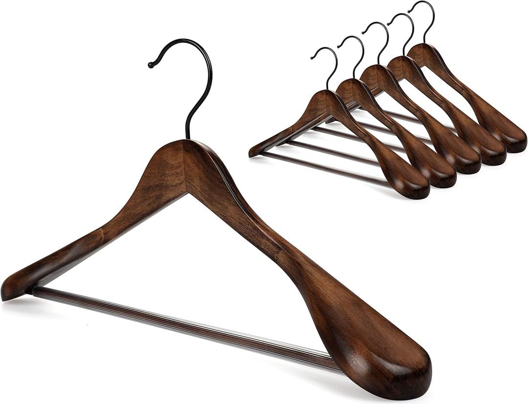 TOPIA HANGER Set of 6 Beautiful Coat Suit Jacket Wood Wooden Hangers, Premium Retro Finish with Extra-Wide Shoulder- 360 Black Hooks & Anti-Slip Bar CT02A