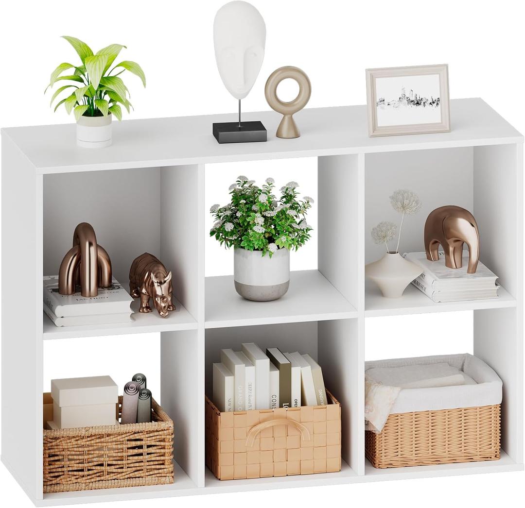 Sweetcrispy 6 Cube Storage Organizer, Stackable Modular Bookcase Shelf
Vertical or Horizontal Use, Fits 11×11" Bins, Removable Back Panels, for Living Room, Office, Entrance White Wood