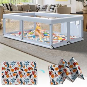 Fshibila 65" 50" Large Baby Playpen with Mat, Baby Playard for Babies and Toddlers, Play Pens for Indoor & Outdoor, Sturdy Safety Play Yard with Soft Breathable Mesh, Anti-Fall, Grey
