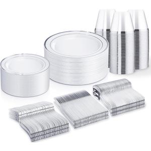 WELLIFE 300 PCS Silver Dinnerware Set for 50 Guests, Silver Plastic Disposable Plates for Party, 50 Dinner Plates, 50 Salad Plates, 50 Cups Forks Knives Spoons for Wedding and Party Supplies