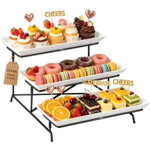 3 Tier Serving Tray Set 14 Inch Porcelain Tiered Serving Trays Platters, Collapsible Sturdier Stand with Stable Cross Bars, Three Layer Serving for Party Entertaining Food Display Fruit Dessert