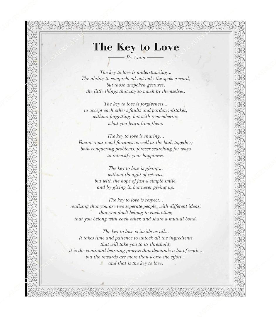 The Key to Love- Romantic Poem Wall Art, This Poetic Distressed Parchment Design Wall Art Print Is Perfect for Spouses, Newlyweds, & BFF's, Great Engagement & Wedding-Anniversary Gift, Unframed- 11x14
