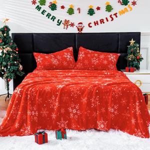 HCORA Faux Fur King Size Sheets Set, Luxury Soft Fleece Bed Sheets, Fluffy Plush Velvet Sheets Fuzzy Bedding Sheets for Fall and Winter, Cozy Warm, No Shedding, 4PC (01# Christmas)