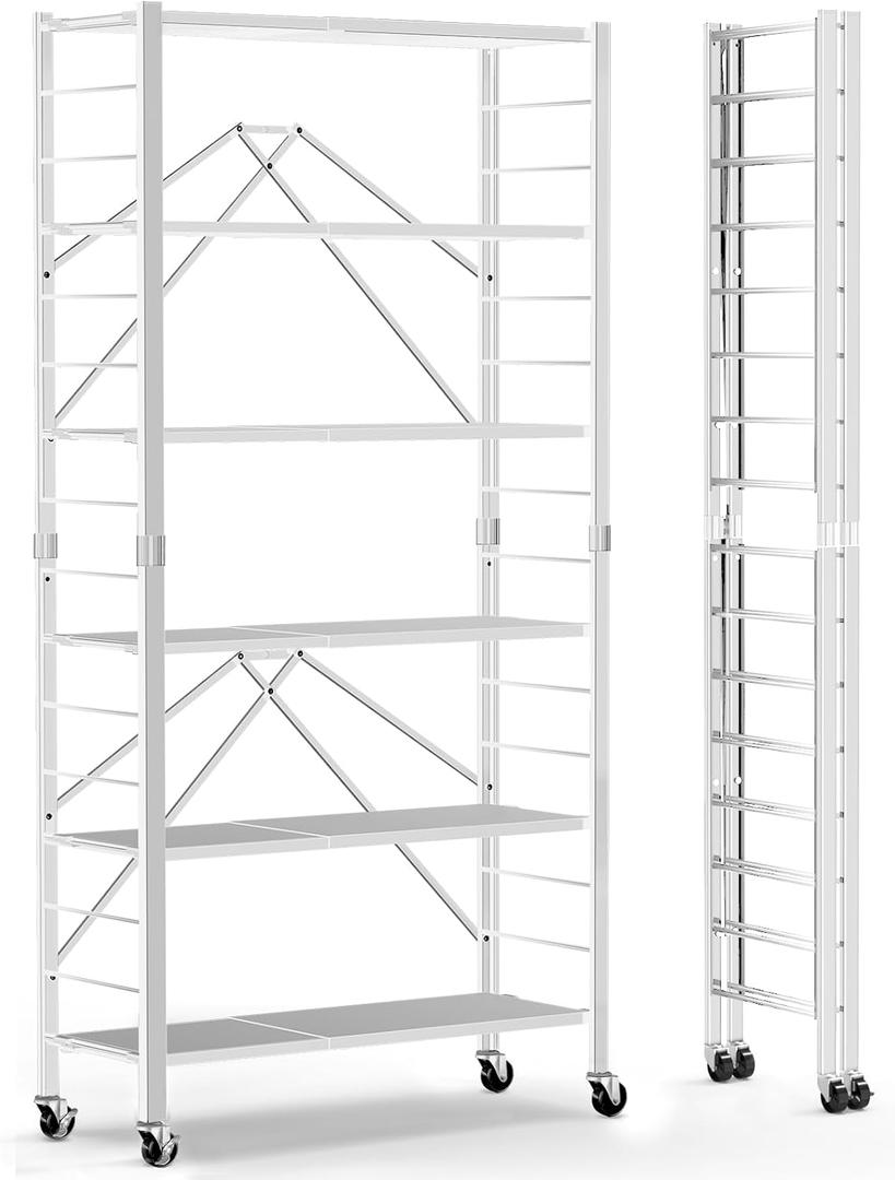 Himix 6 Tier Foldable Storage Shelves, Expandable Folding Bookshelf with Wheels, Changeable into 2 Shelf Units, Collapsible Adjustable Storage Rack Metal Shelves for Garage Kitchen, Basement, White