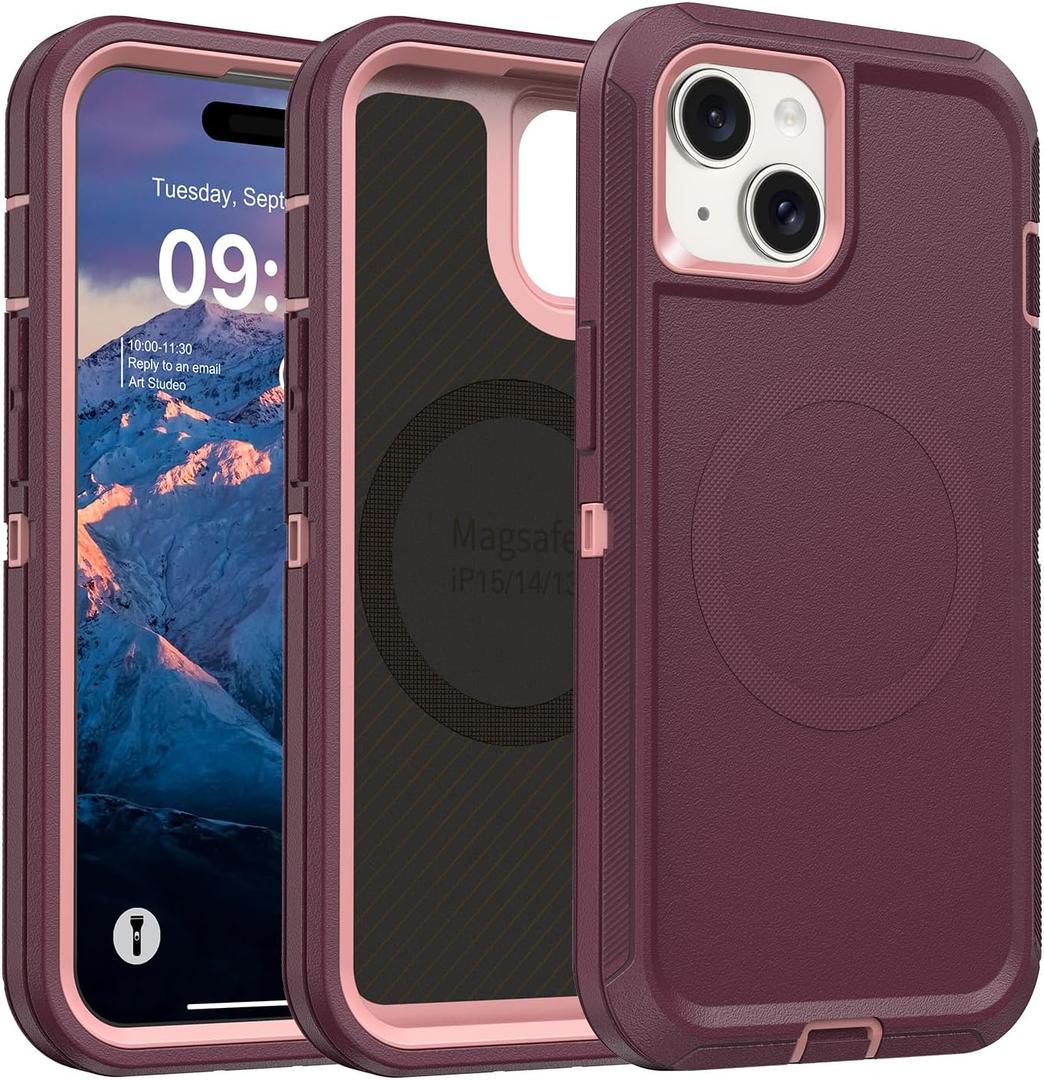 Magnetic Case for iPhone 13 Case/iPhone 14 Case/iPhone 15 Case, Heavy Duty Protective Phone Case, Shockproof Compatible with Magsafe Phone Cover for iPhone 15 6.1" Purple/Pink