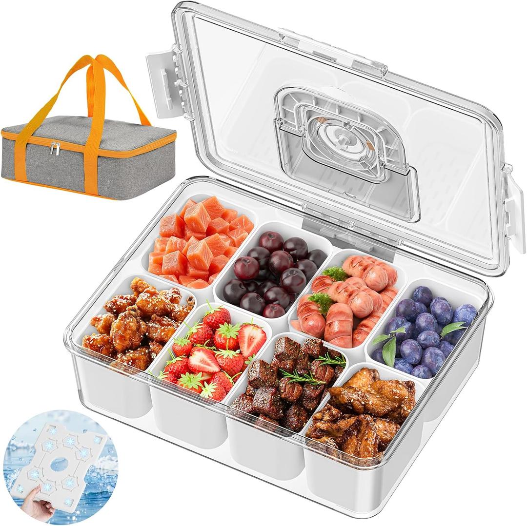 Snackle Box Container with Ice Pack, Bonus Insulated Bag Charcoolerie Chilled Portable Serving Tray with Lid and Handle8 Compartment Snack Container for Charcuterie Snack Road Trip Picnic