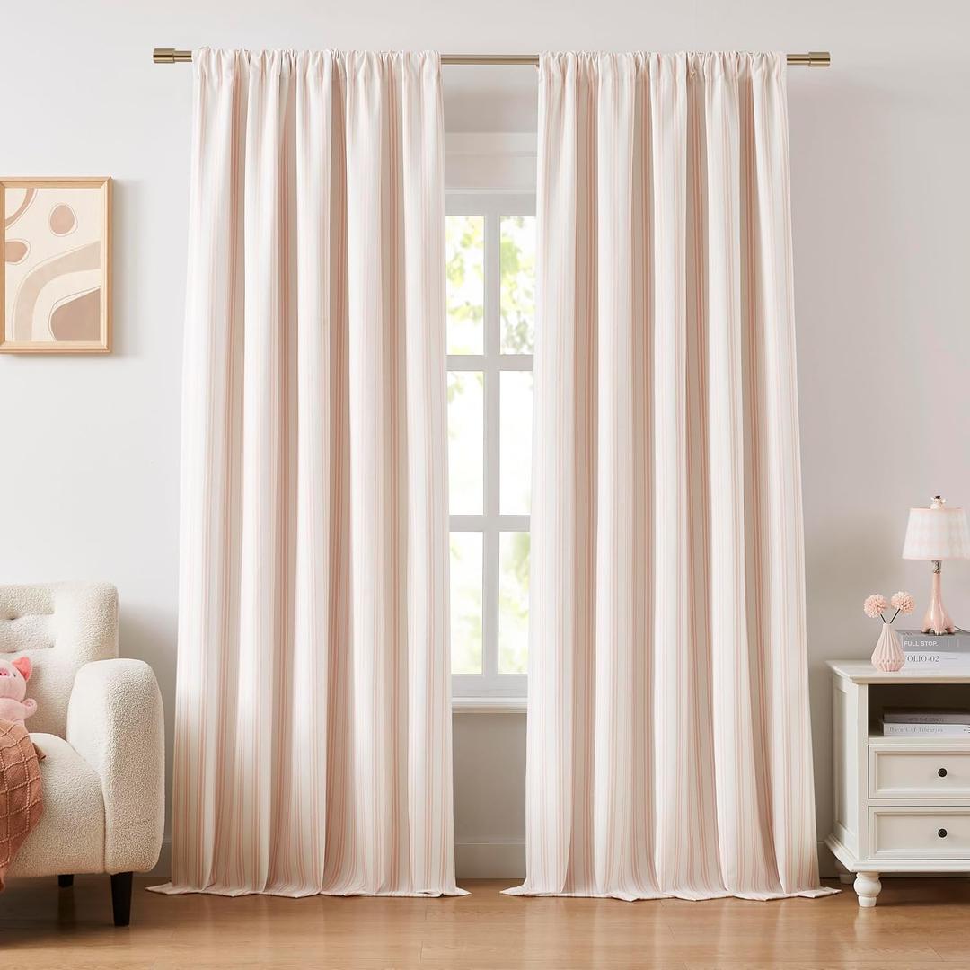ZJDECOR 95 Inches Long Pink White Stripe Full Blackout Curtain Panels,Cotton Blended Drapes,Cottage Style Window Treatment for Living Room Bedroom,Back Tab Rod Pocket,55" Wx95 L(Pack of 2)