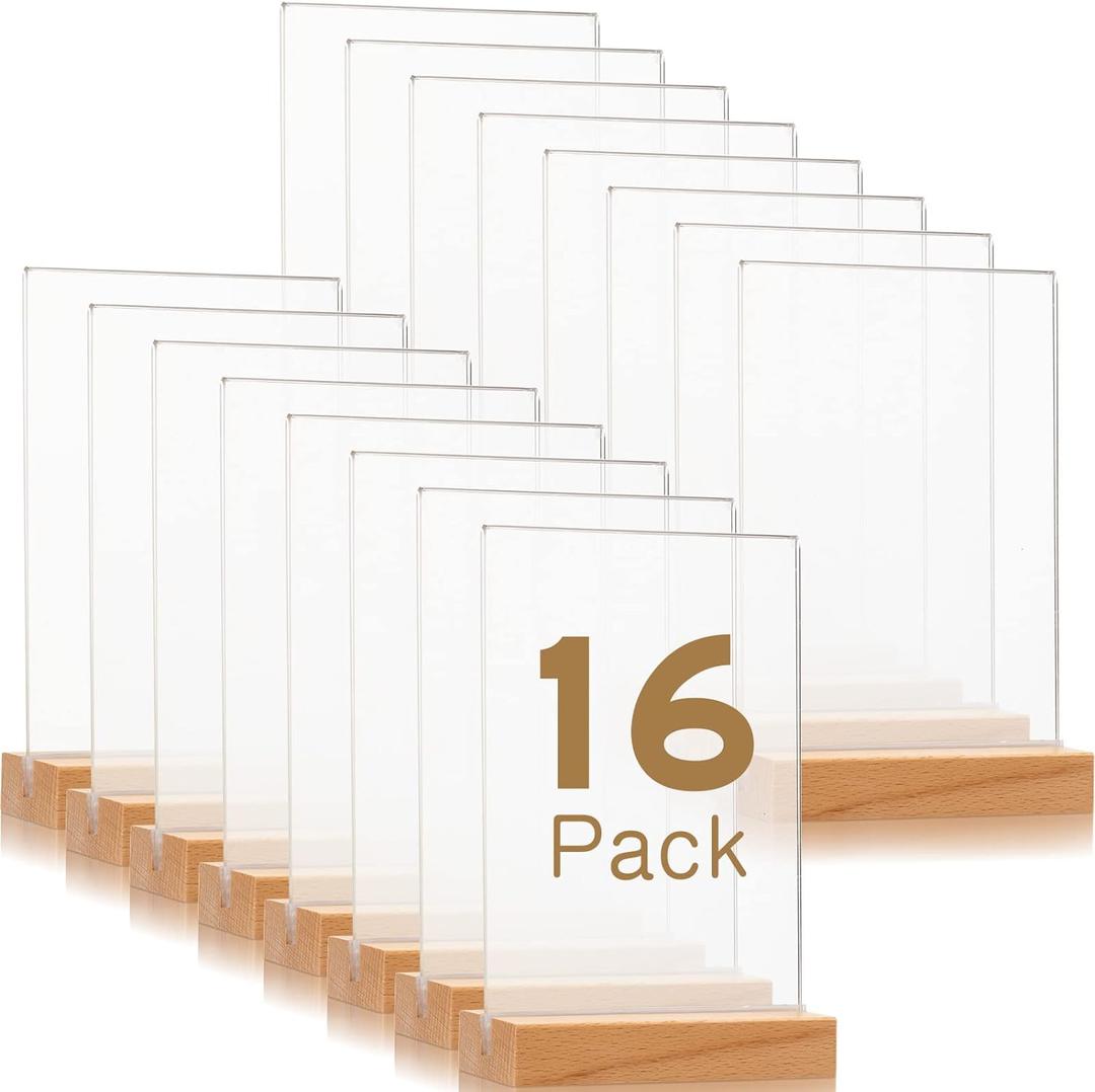 Vinsot 16 Pack Clear Acrylic Sign with Wood Base T Shape Sign Holder Vertical Acrylic Blank Stands Desktop Display Plastic Menu Frames Double Sided Flyer Stand for Wedding Restaurant Party Decoration
