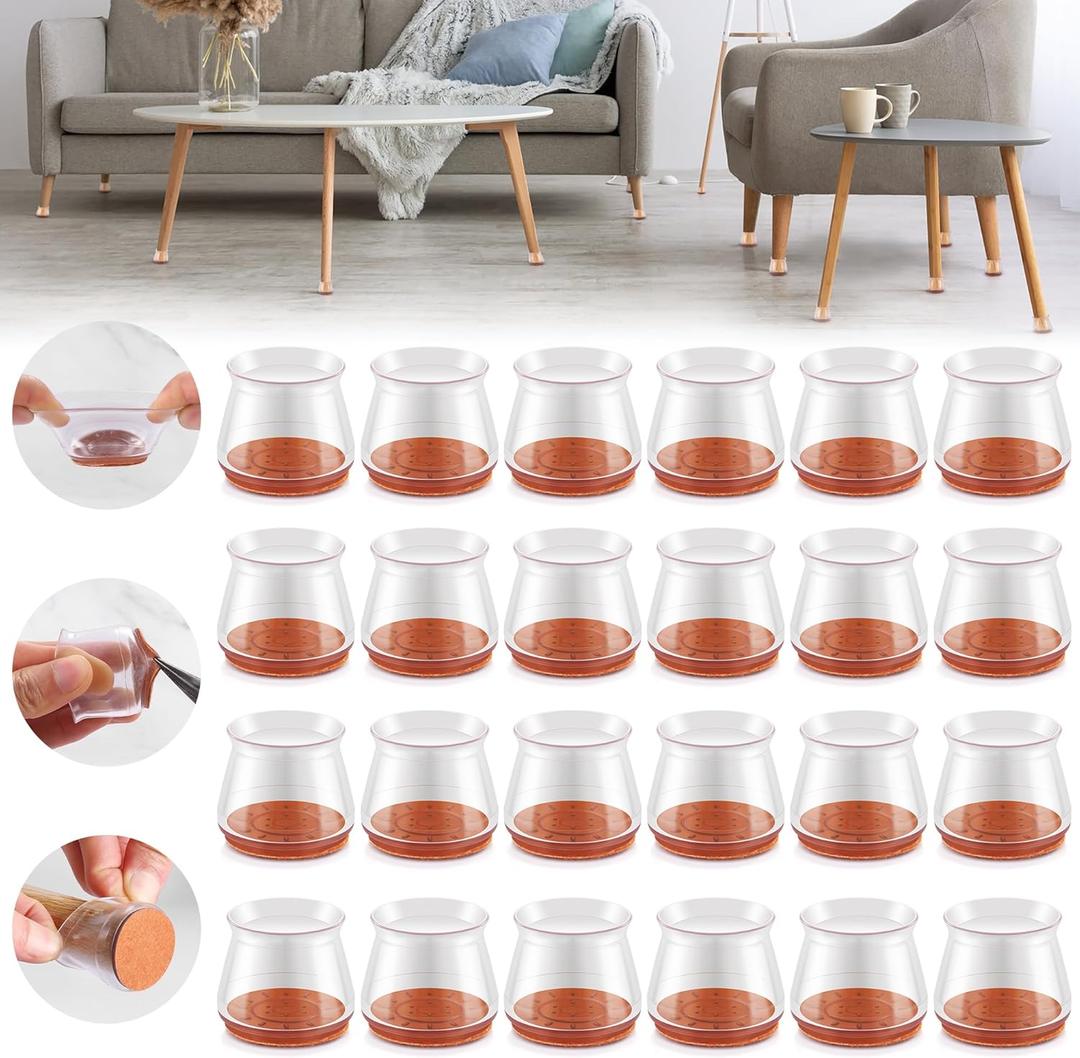 Upgraded Silicone Chair Leg Floor Protectors for Hardwood Floors, Furniture Sliders, Felt Bottom Furniture Pads, Round&Square Cap Covers to Scratch and Reduce Noise, Transparent, 24pcs (Universal Medium(Fit:1.18"-1.57"))