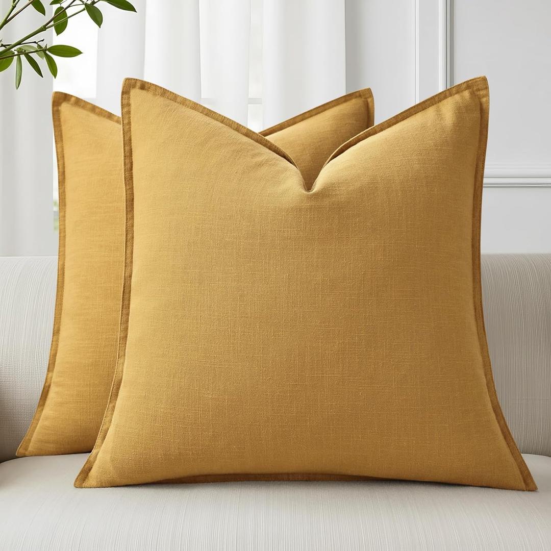 DecorUhome Summer Decorative Linen Throw Pillow Covers 18x18 Inch Set of 2 Mustard Yellow Pillow Covers with Flange Edges Soft Farmhouse Boho Accent Pillow Cases for Couch Bed Living Room