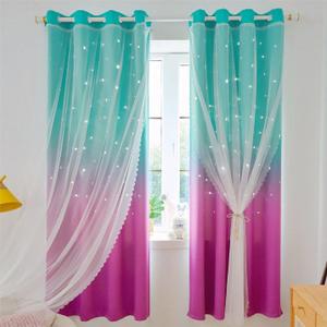 Anjee Ombre Star Cutout Blackout Curtains for Girls Bedroom Kids Nursery Princess Living Room Decor,Cute Double Layer Teal Purple Gradient Window Darpes with Sheer Overlay, 52 x 84 inch Long 2 Panels