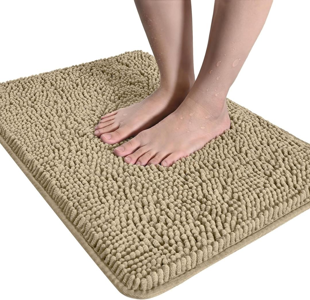 LOCHAS Luxury Bathroom Rug Shaggy Bath Mat 20 x 30 Inch, Washable Non Slip Bath Rugs for Bathroom Shower, Soft Plush Chenille Absorbent Carpets Mats, Beige