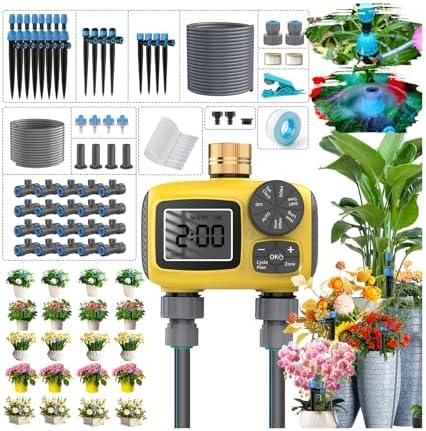 TRJZWA Drip Irrigation System Kit with Automatic Water Timer 2 Zone 150FT,New Anti-Leakage Quick Connector for Garden,Lawn,1/2 inch Hose and 1/4 inch Distribution Tubing and Accessories