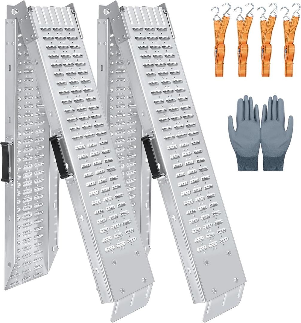 72.5" Heavy Duty Folding Loading Ramps, 1500lb Capacity, Ideal for Motorcycles, Lawn Mowers, ATVs, UTVs, and More  Pack of 2 with Safety Straps and Gloves