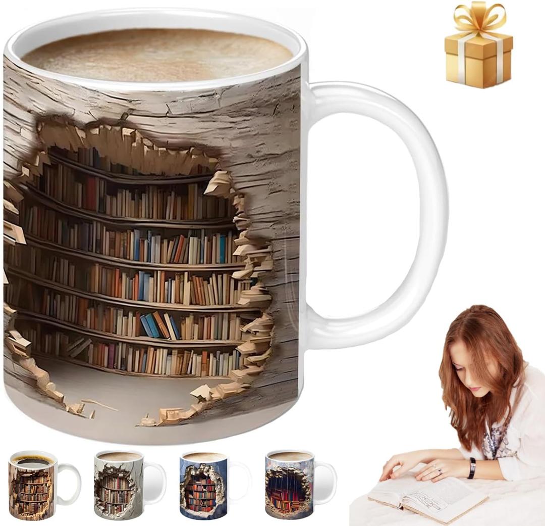 Library Bookshelf Mug, Bookshelf Design Ceramic Coffee Cup with 3D Visual Effect, Book Lovers Gifts for Readers, Librarians, Writers & Book Clubs, 11oz Novelty Mug for Birthday Christmas (Brwon)