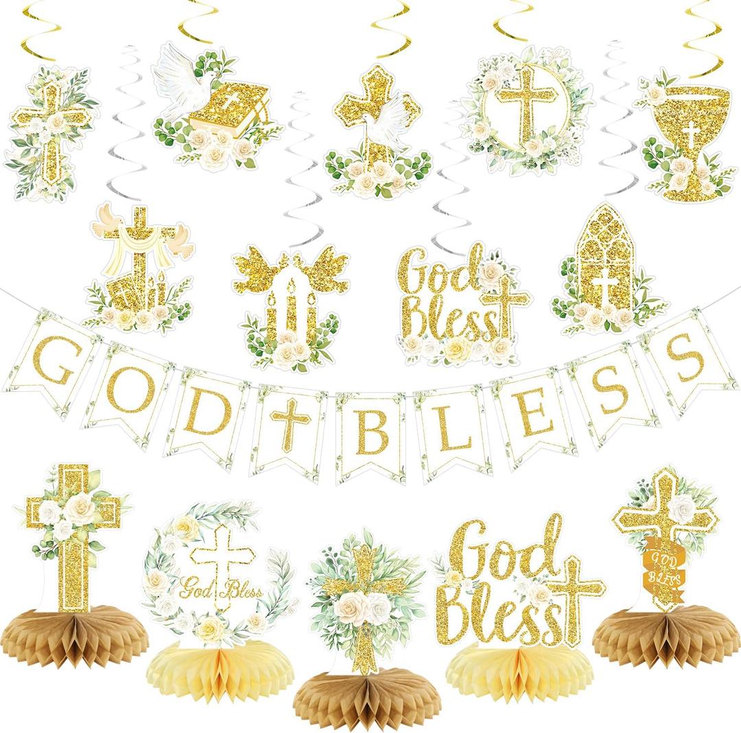 Gold Baptism Decorations, Glitter God Bless Banner Hanging Swirls Honeycomb Centerpieces for Baby Shower Birthday First Communion, Baptism Party Supplies
