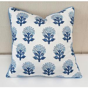 Blue Block Print Marigold 22x22 Throw Pillow Cover - Off-White Cushion Cover for Sofa Couch Living Room - Coastal Grandmillennial Farmhouse Decor - Babur Floral