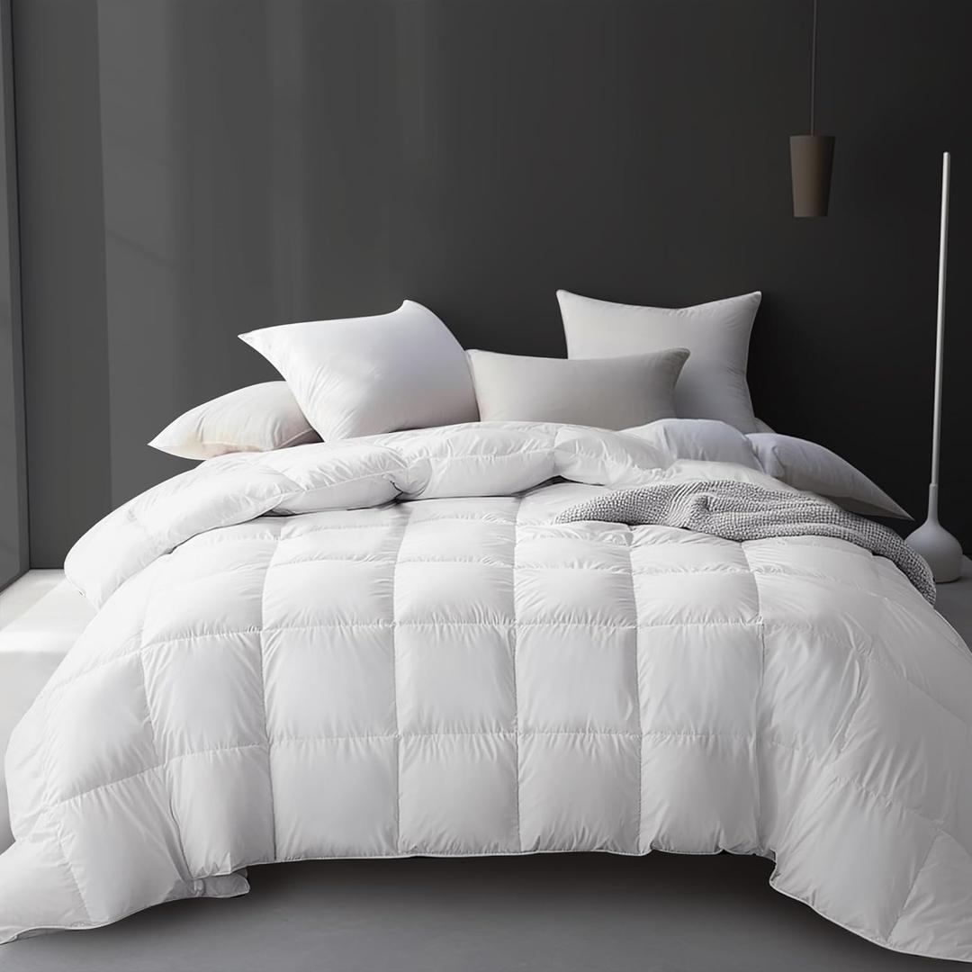 Hotel Grand Luxury White Goose Feather Down Fiber Comforter Full Queen Size, 100% Cotton All Season Duvet Insert Queen, Medium Warmth Bedding Comforter with 8 Corner Loops, White 90x90 Inch