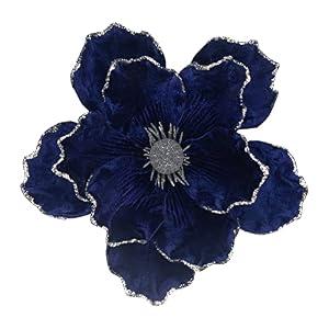 KI Store Blue Velvet Magnolia Flowers Pack of 6 Oversize Artificial Christmas Poinsettia Floral Picks Stems for Xmas Tree Wedding Centerpiece Decorations