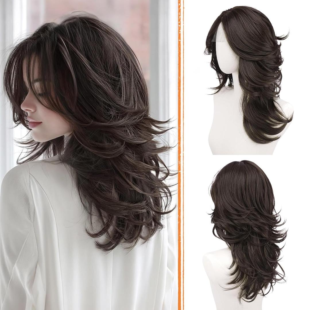 Haloo Brown Layered Wigs with Curtain Bangs Lace Front Hairline Long Wavy Natural Looking Middle Part Synthetic Hair Wig for Women Daily Party Costume, 20 Inch Dark Brown