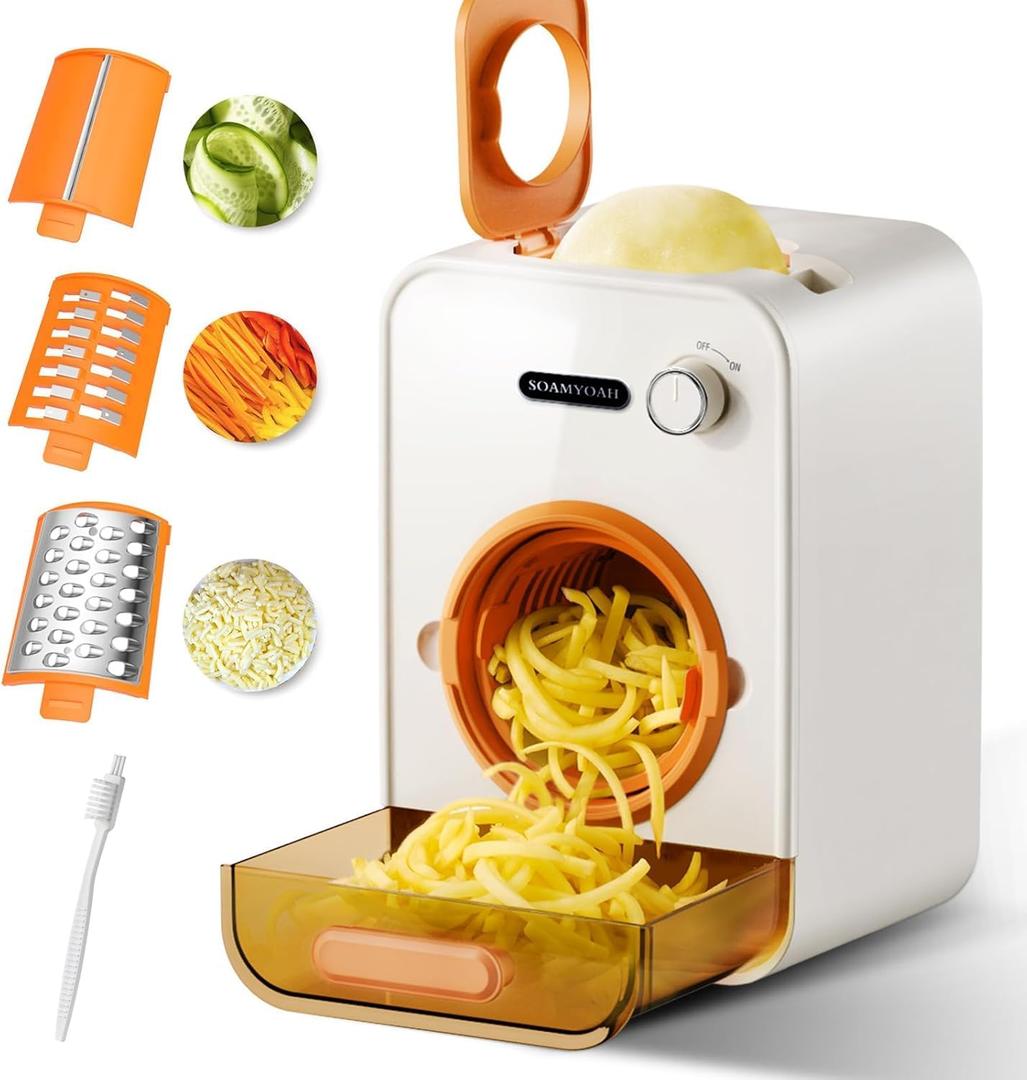 Electric Cheese Grater with 3 Set Blades, Automatic Efficient Slicer & Grater & Shredder for Carrot, Potato, Cabbage & More Vegetables/Salad/Cheese, 4" Large Feed Tube, Built-in Blade Storage Box (Pearl White)